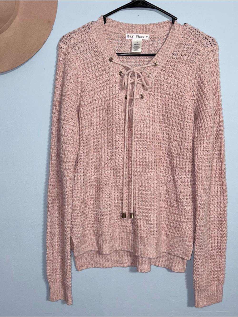 XL Say What? Women's Lace-Up High Low waffle knit Sweater - Blush Pink